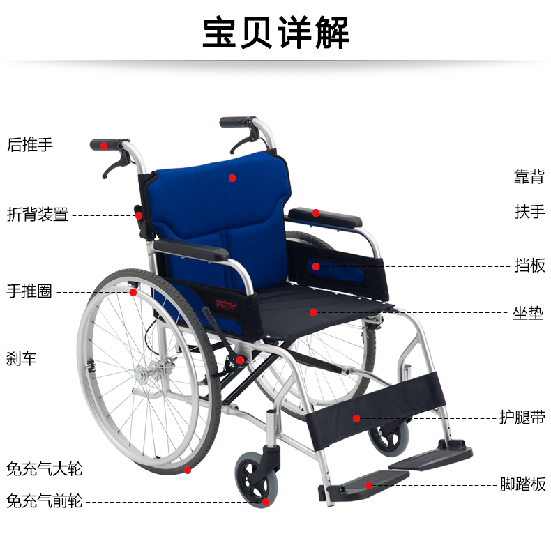 Miki 三贵 轮椅车 LS-2型 折叠轻便 家用老人残疾人手推代步车
