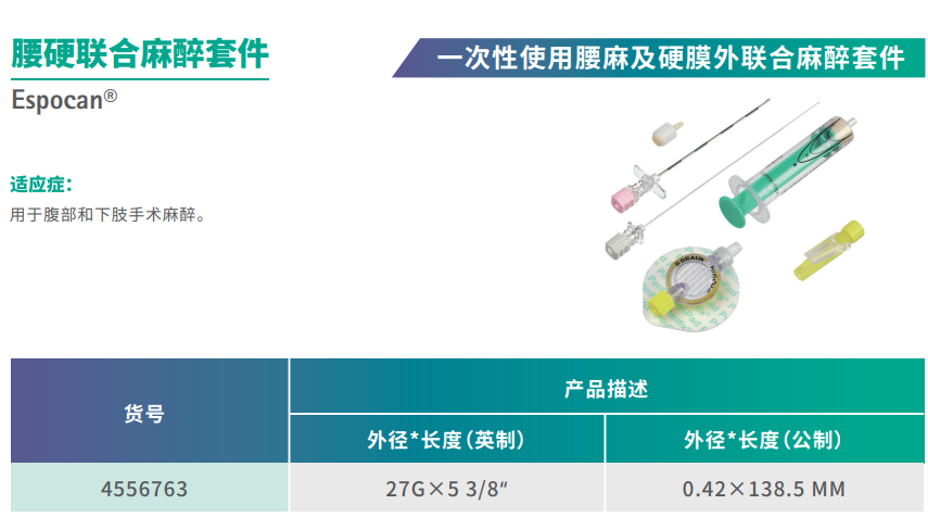 德国贝朗 Esponcan 一次性使用腰麻及硬膜外联合麻醉套件 货号介绍